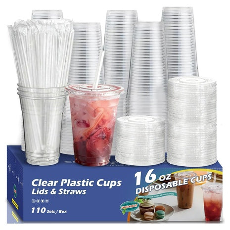 110 16oz Clear Plastic Cups with Lids & Straws