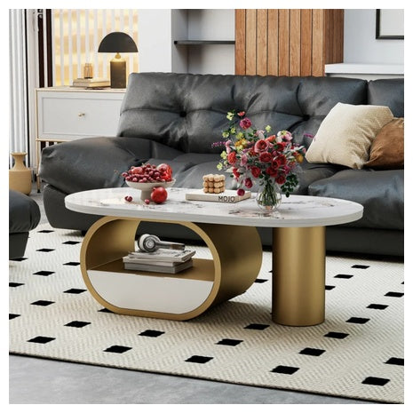 Ivy Bronx Winchester 47.24 W Oval Stone And Faux Marble Coffee Table