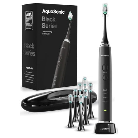 Aquasonic Black Series Ultra Whitening Electric Toothbrush W/ 8 Brush Heads
