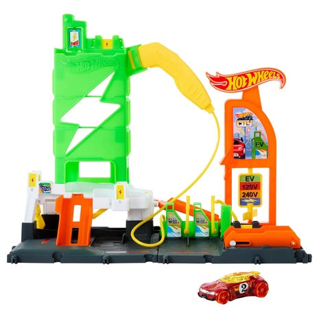 Hot Wheels Super Recharge Fuel Station City Track Set w/  EV Chargers & 1:64 Scale Toy Car