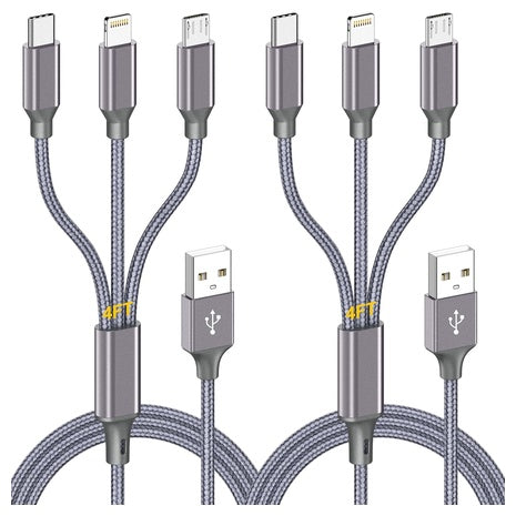 2-Pack 4Ft 3-in-1 Multi Charging Cable (USB-C/MicroUSB/Lightning)