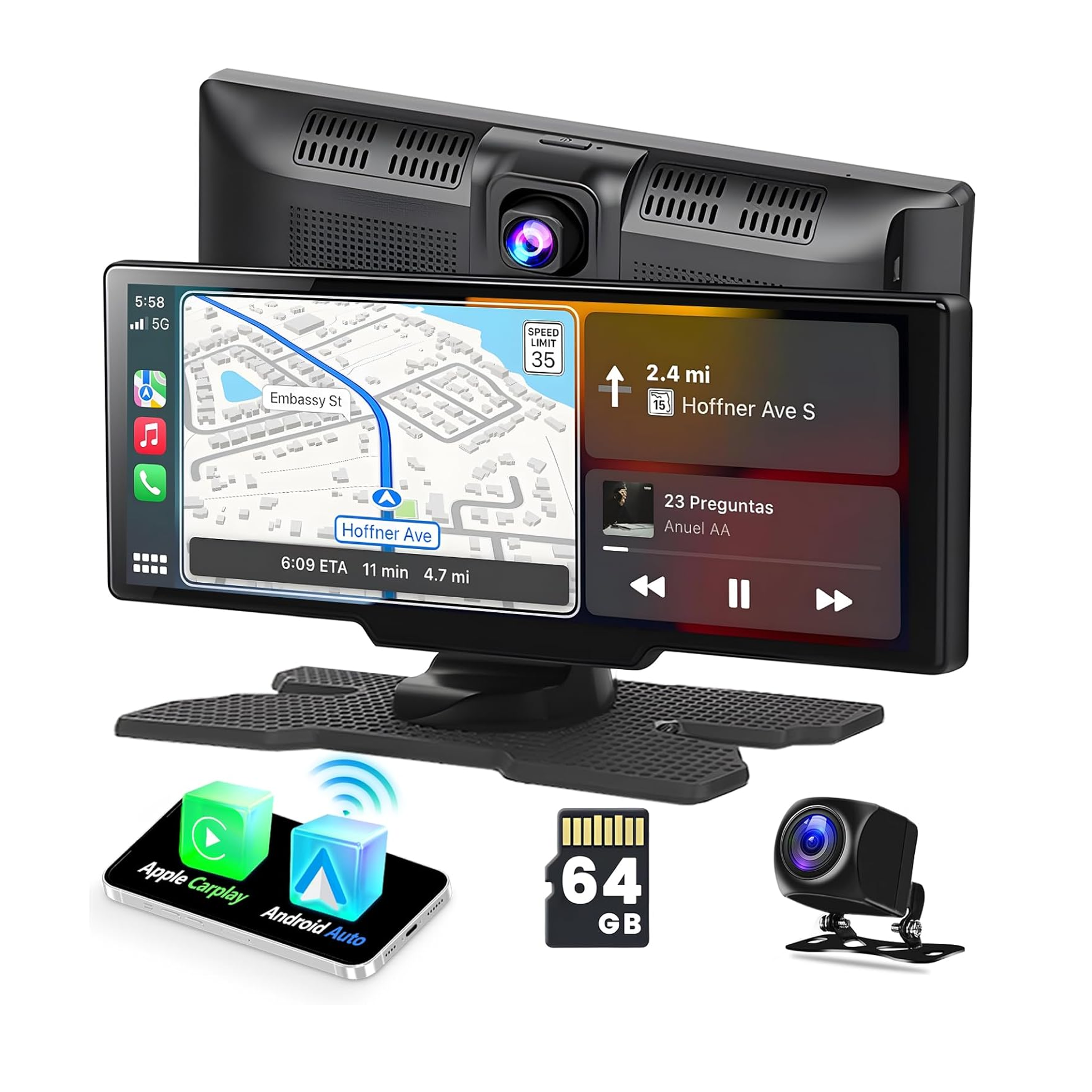 Wireless Carplay/Android Auto Portable Car Stereo, 10.26 Inch HD Display With 2.5K Dash Cam, 1080P Backup Cam