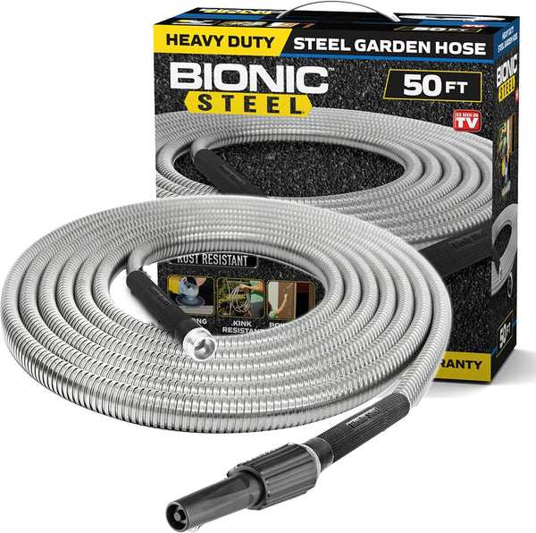 Bionic Steel Metal Garden Hose 50 Ft With Nozzle ,Kink & Tangle Free