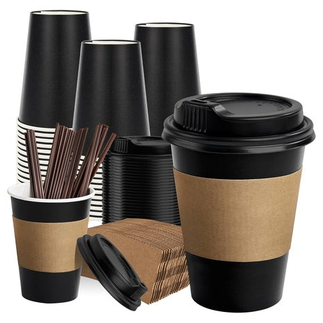 100 12oz Black Paper Coffee Cups with Lids, Sleeves & Stirrers