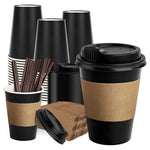 100 12oz Black Paper Coffee Cups with Lids, Sleeves & Stirrers