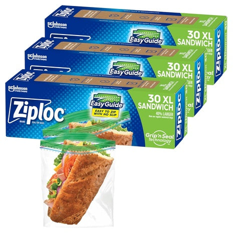 90 Ziploc XL Sandwich and Snack Bags with EasyGuide Texture