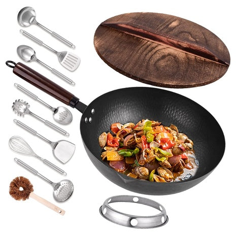12.8" Carbon Steel Wok Pan with 10 Cookware Accessories