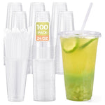 100 24oz Clear Plastic Cups with Lids & Straws