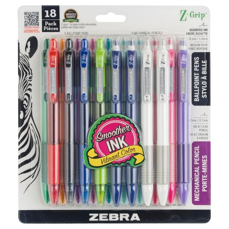 18 Pack Zebra Z-Grip Ballpoint Pen and Mechanical Pencil Set