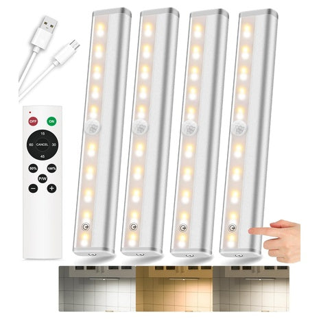 4 Rechargeable Under Cabinet LED Lights with Remote Control