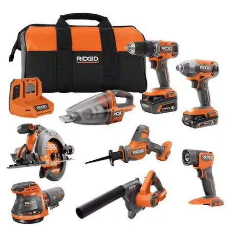 Ridgid 18V Cordless 8-Tool Combo Kit with 2 Batteries, Charger & Tool Bag