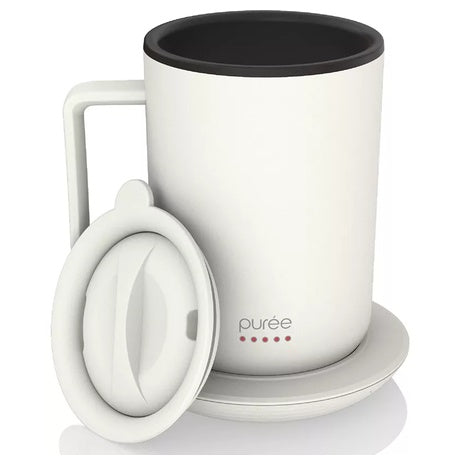 Tzumi Puree Warming Stainless Steel Coffee Mug w/ Mug Warmer Coaster & Lid