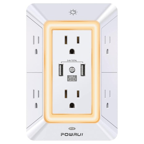 Powrui 6-Outlet Extender Surge Protector Power Strip With 3-USB Ports