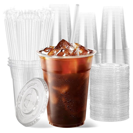 100 16oz Clear Plastic Cups with Lids & Straws