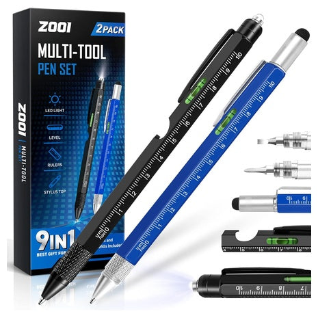 2-Pack 9-in-1 Multitool Pens with LED Light