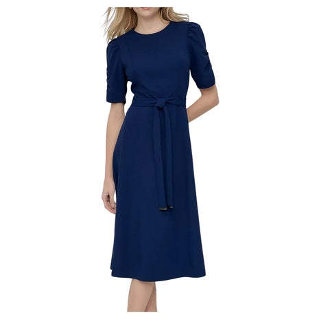 DKNY Women's Ruched-Sleeve Belted Fit and Flare Midi Dress