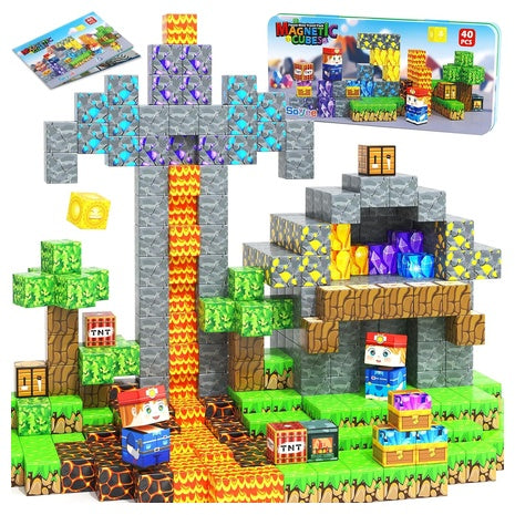 Magnetic Building Blocks Travel Set with Metal Storage Tin