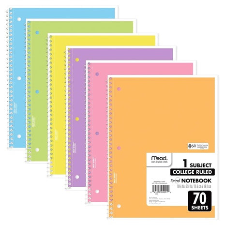6-Pack 1-Subject Mead Spiral College Ruled Notebook
