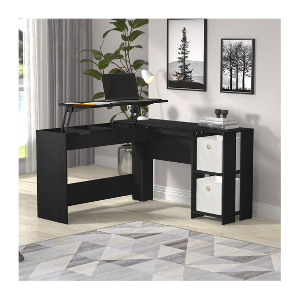 Escritorio elevable de madera en forma de L con espacio de almacenaje Hillsdale, roble negro