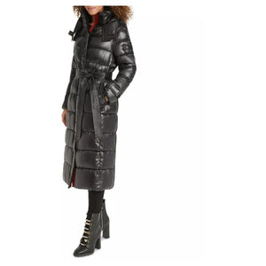Karl Lagerfeld Paris Women's Shine Hooded Belted Puffer Coat