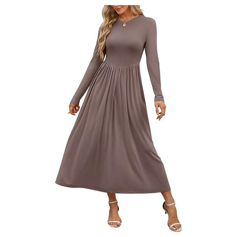 Women's Long-Sleeve Gathered-Waist Flowy T-Shirt Dress (7 Colors)
