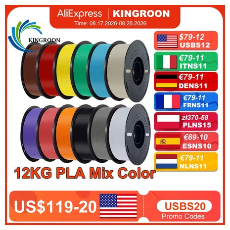 10-Pack 1KG KINGROON PLA 1.75mm 3D Printer Filament
