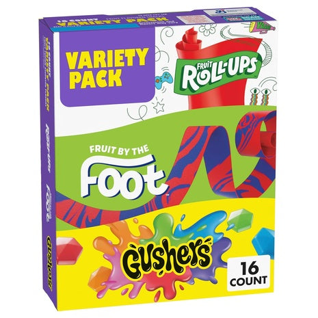16 Fruit Roll-Ups, Fruit by the Foot And Gushers Snacks