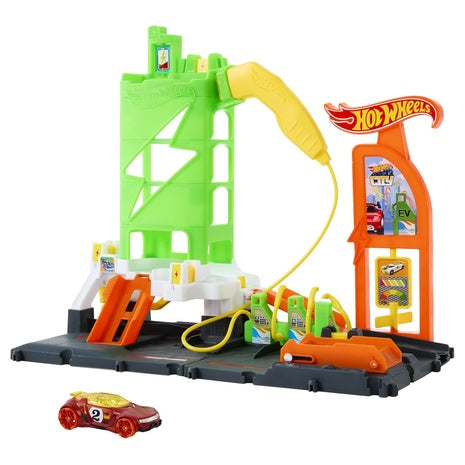Hot Wheels City Track Super Recharge Fuel Station Playset w/ EV Chargers & Toy Car