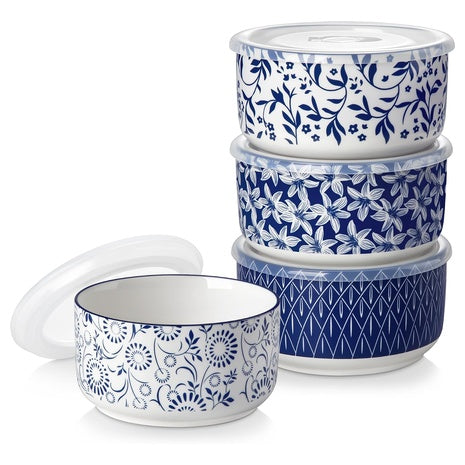 4-Piece Vancasso Ceramic Serving Bowls With Lids (Vintage Blue)