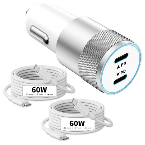 72W Dual Port USB-C Car Charger w/ 2 USB C Cables