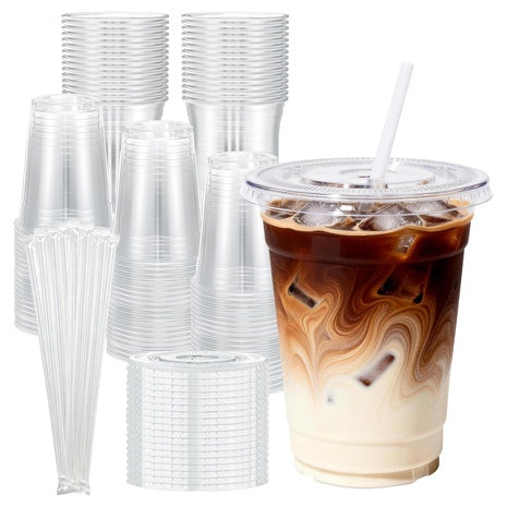 100 16oz Plastic Cups With Lids & Straws