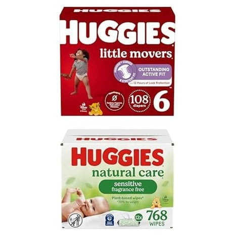 Size 6 Huggies Little Movers, 108 Diapers + 768 Wipes