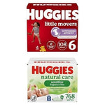Size 6 Huggies Little Movers, 108 Diapers + 768 Wipes