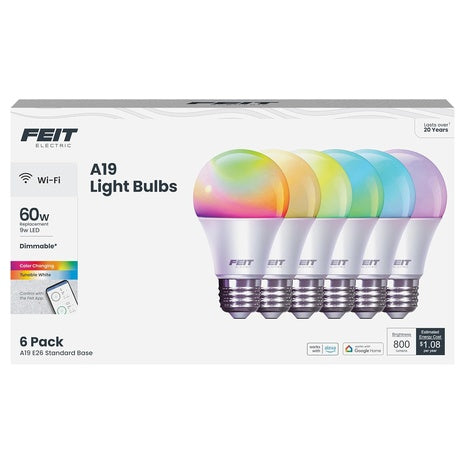 6-Pack Feit Electric A19 60W Equivalent Smart LED Light Bulb