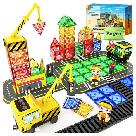 42-Piece Magnetic Tiles Magnetic Construction Toy with 2 Cranes