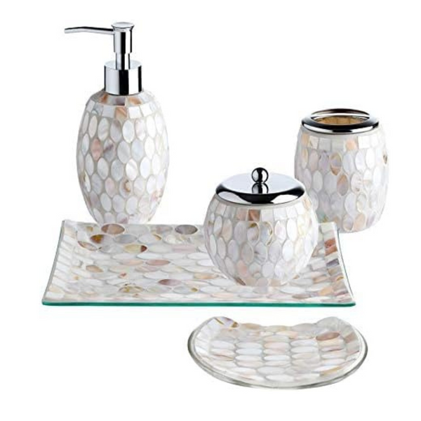 Elegante juego de accesorios de baño de vidrio mosaico perlado (5 piezas)