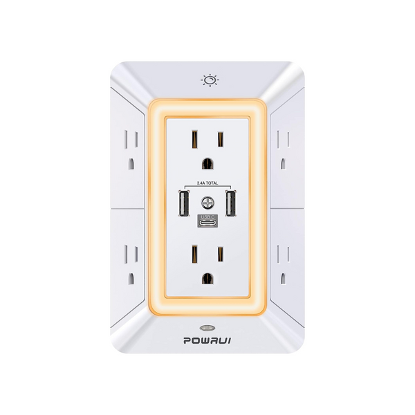 6 salidas y 3 puertos de carga USB con luz nocturna y protector contra sobretensiones