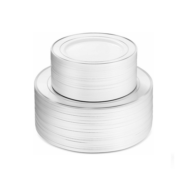 100 Piece Premium Heavy Duty Plastic Party Plates with Silver Rim