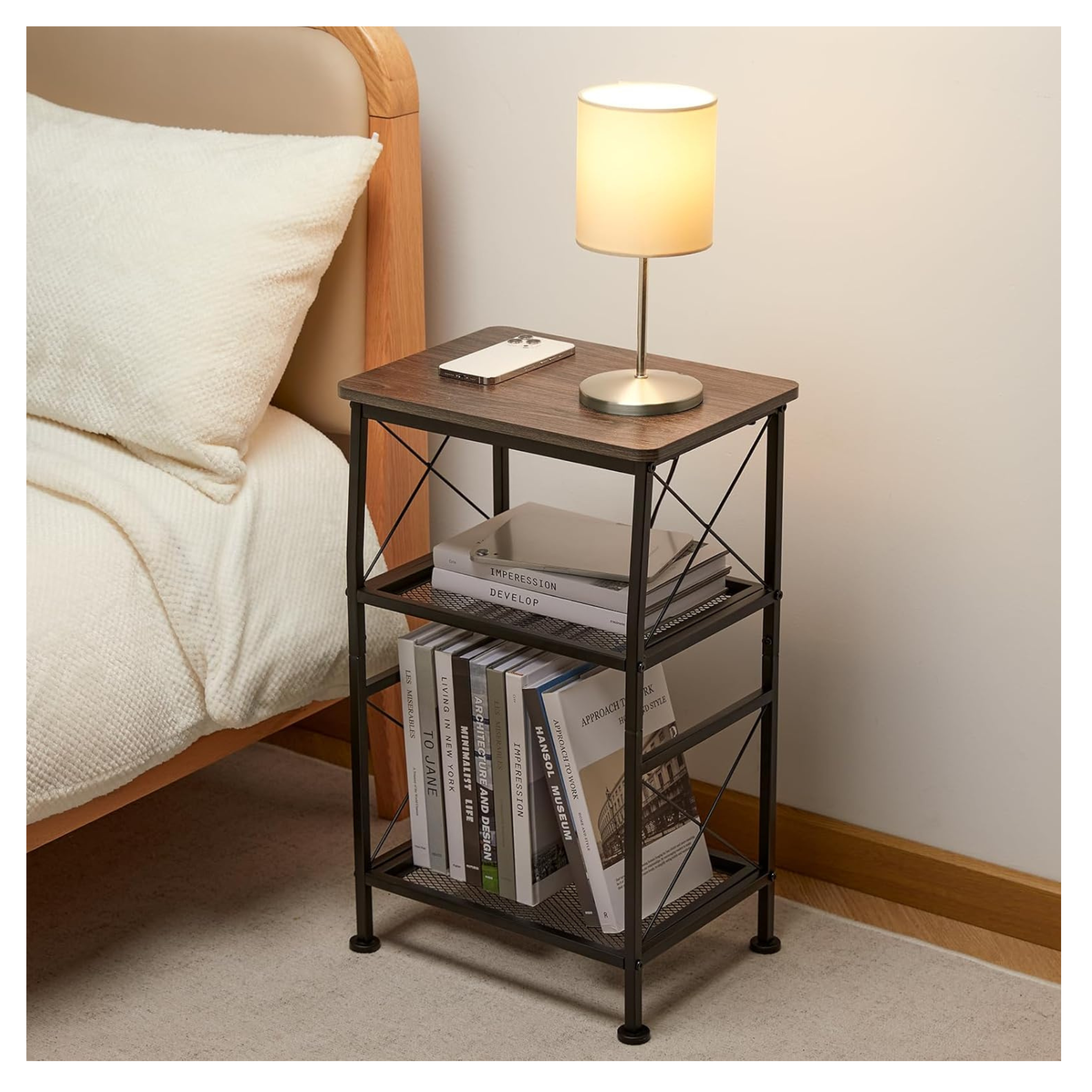 3-Tier Small X-Design End Table with Steel Grid Storage Shelves