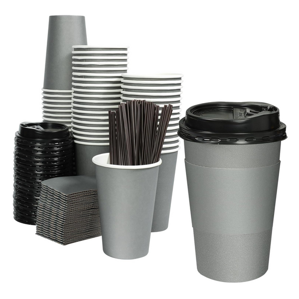 Paquete de 60 tazas de café de 16 oz con tapas, fundas y pajitas para mezclar