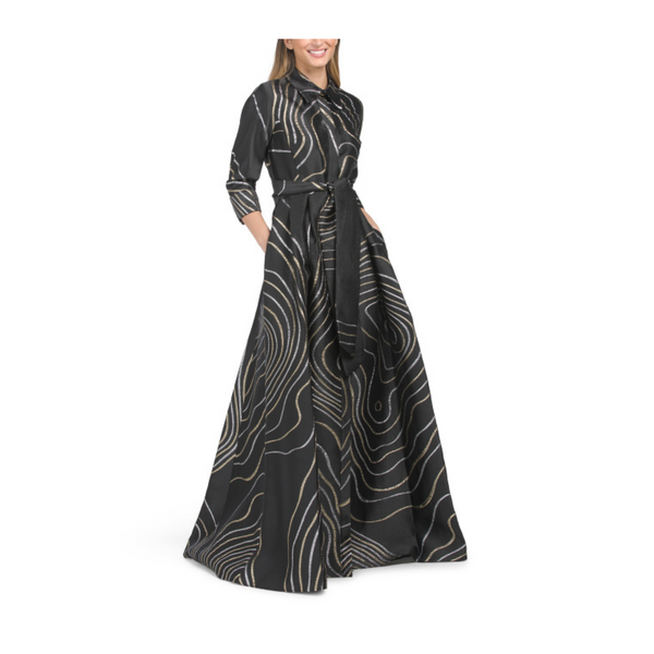 Teri Jon Collared Jacquard Gown With Belt