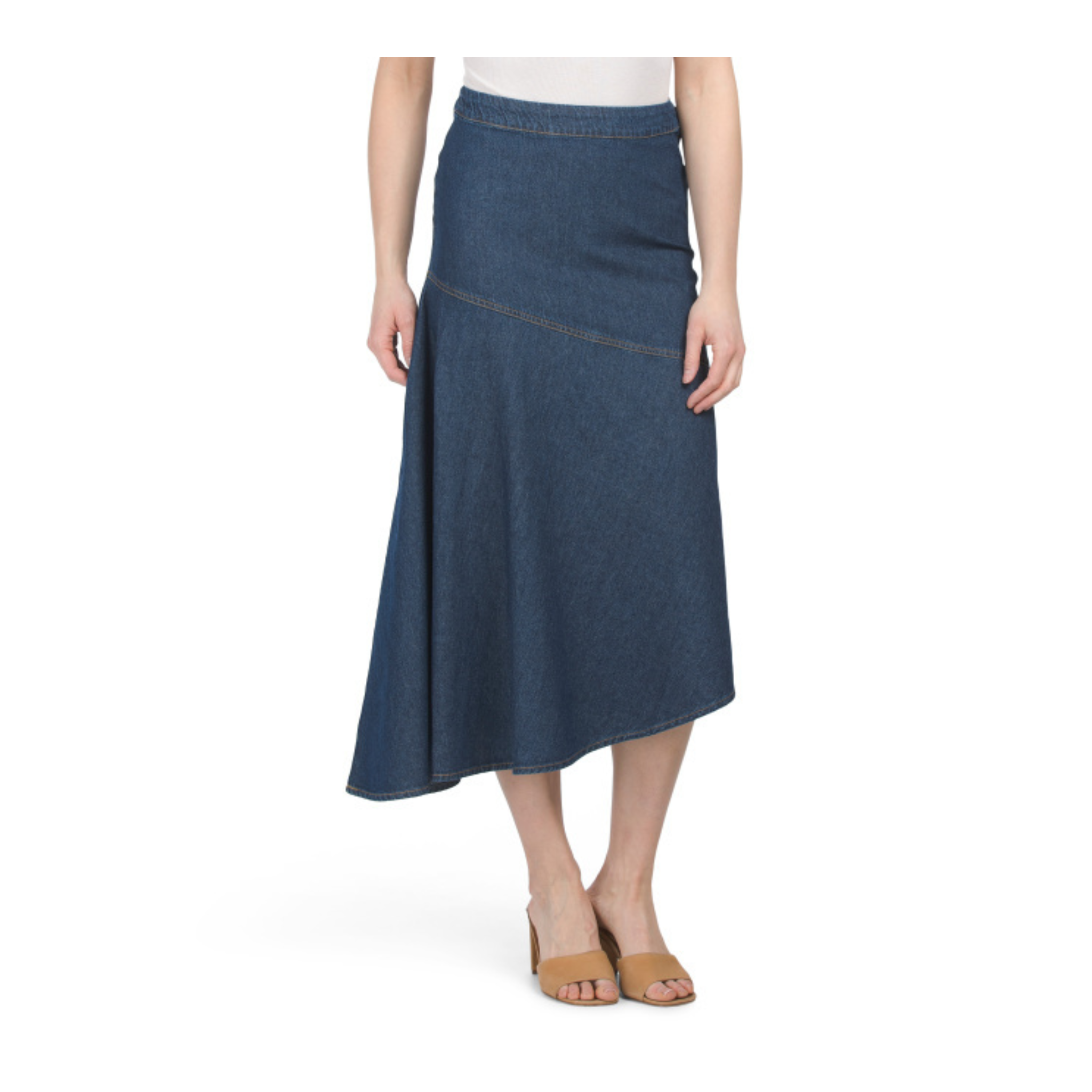 Denim Asymmetrical Ruffle Hem Midi Skirt