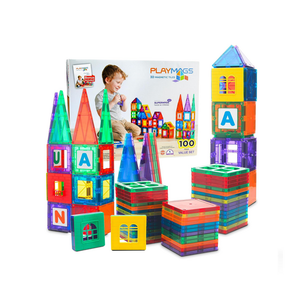 Playmags 100-Piece Magnetic Tiles Building Blocks Set