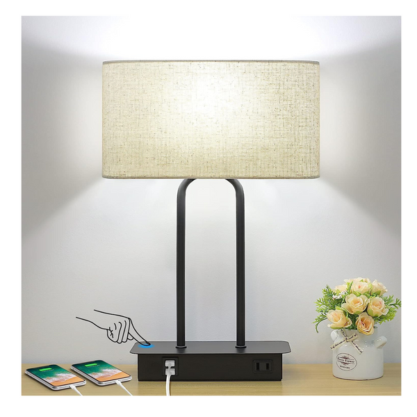 Lámpara de mesa con control táctil junto a la cama con dos puertos de carga USB