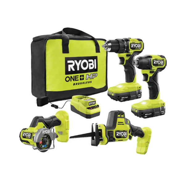 Kit de 4 herramientas sin escobillas Ryobi ONE+ HP de 18 V con 2 baterías de 2,0 Ah, cargador y bolsa