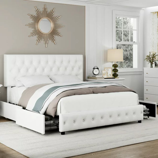 Faux Leather Bed Frame with 4 Drawers (2 Colors)