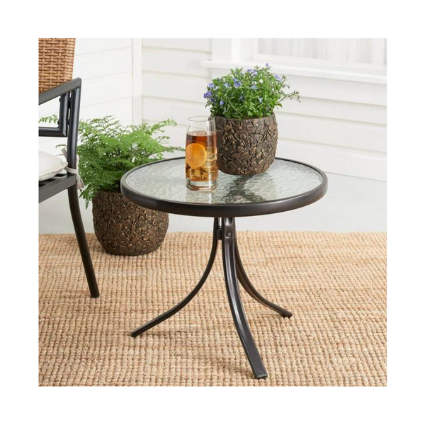 Mainstays Round Glass Outdoor Side Table (20"D x 17.5"H, Dark Brown Finish)