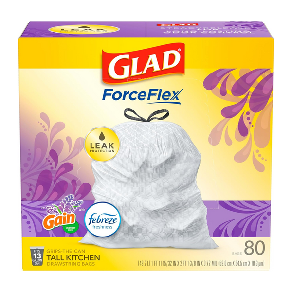 80 Glad ForceFlex Tall 13 Gallon Kitchen Drawstring Febreze Trash Bags