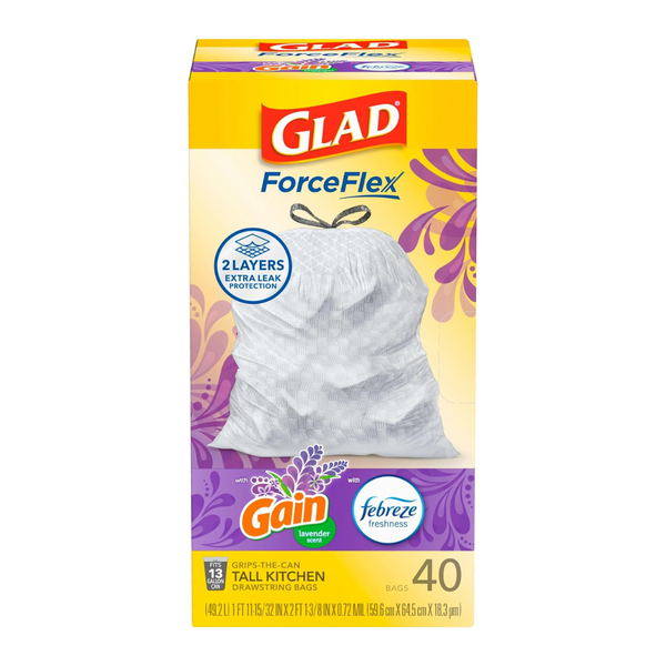 40 Glad ForceFlex Tall 13 Gallon Kitchen Drawstring Febreze Trash Bags