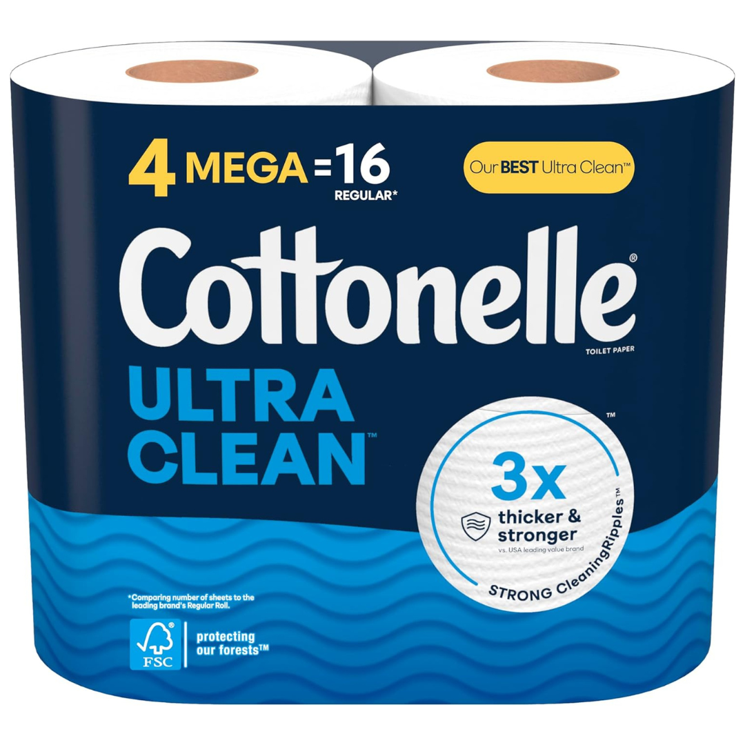 Cottonelle Ultra Clean Toilet Paper, 4 Mega Rolls (4 Mega Rolls = 16 Regular Rolls), 284 Sheets Per Roll